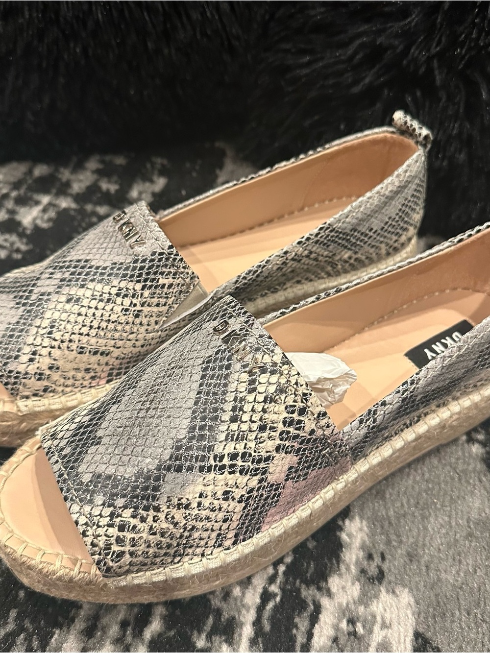 DKNY Gray Snake-Print Espadrille Slides